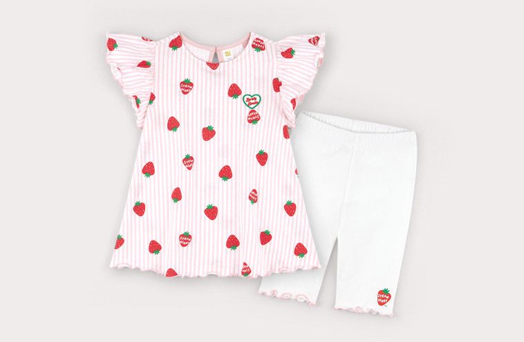 韓國 HEJMINI - 荷葉袖滿版草莓套裝-粉紅