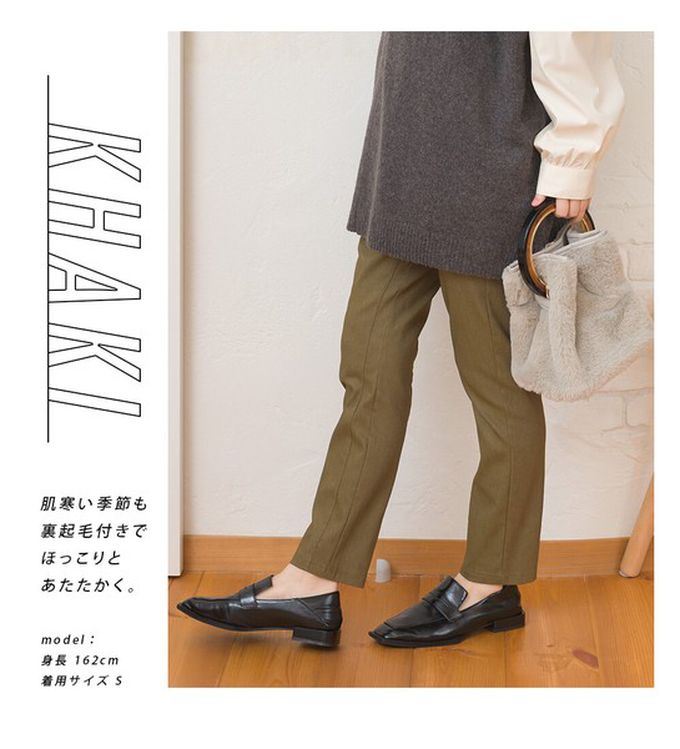 日本 OMNES - 美腳彈性內刷毛錐形長褲(後腰鬆緊)-橄欖綠