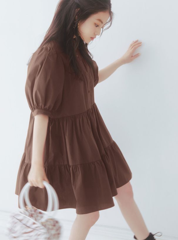 日本 GRL - 聯名款 蛋糕層次泡泡袖襯衫洋裝-灰褐杏