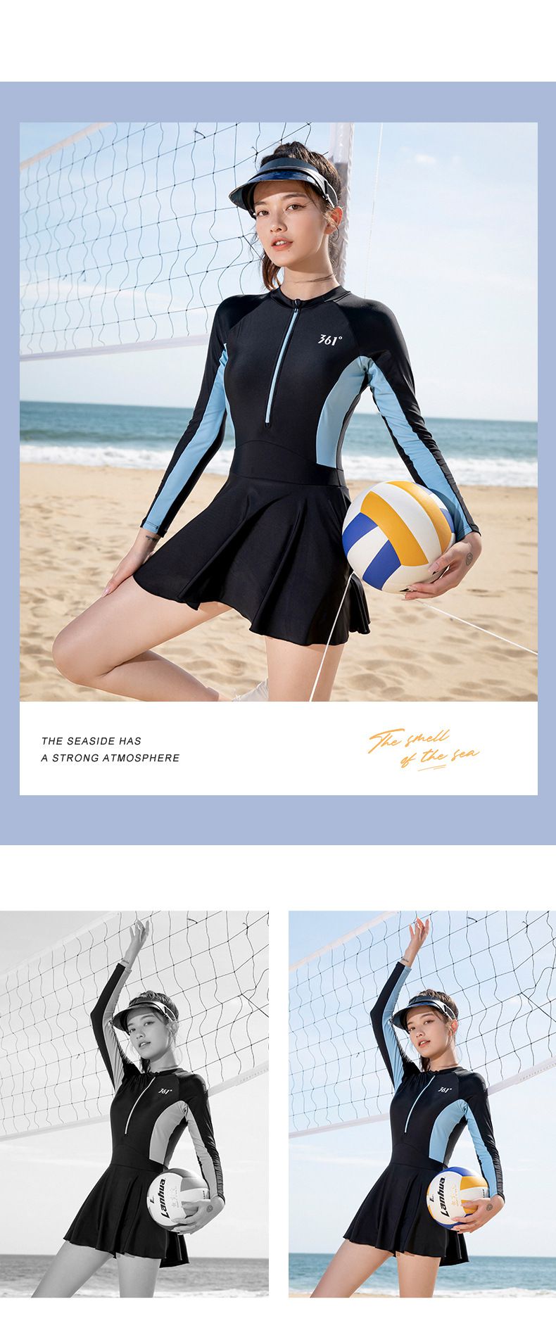 361° - 運動風拼色短袖連身裙泳衣-淺藍+黑