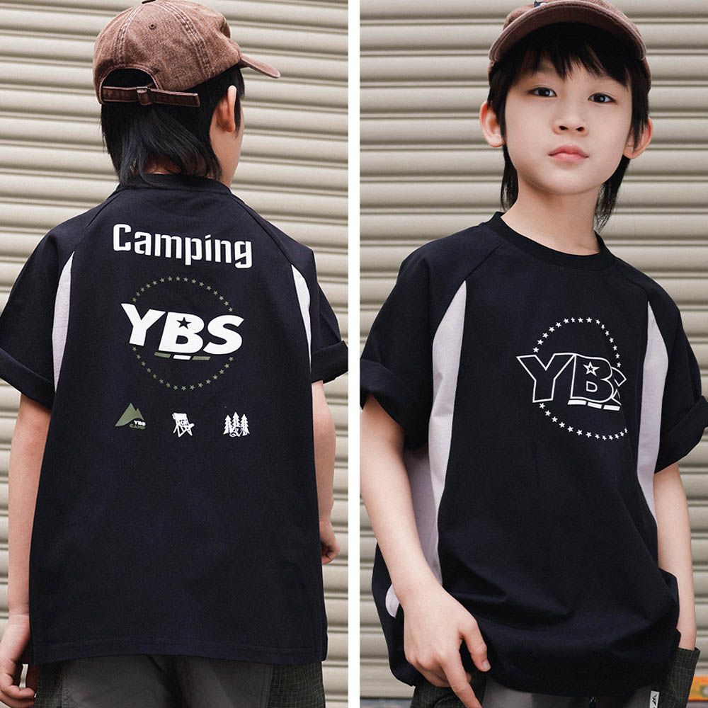 棉質圓領短袖上衣-個性拼色字母-黑色