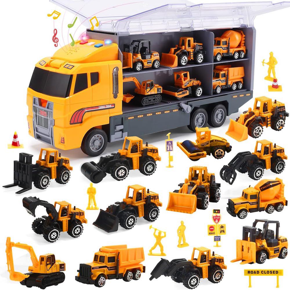 CuteStone - 兒童工程小汽車與聲光運輸車海鷗號套裝玩具25件組