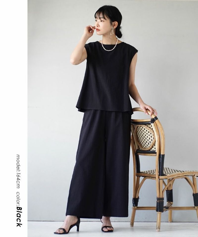 日本 zootie - 俐落剪裁棉麻透氣無袖套裝-優雅黑
