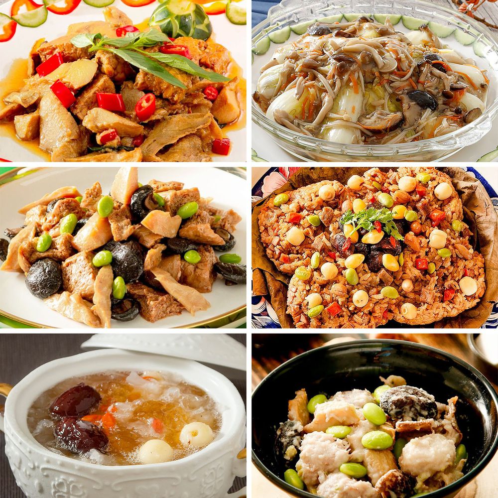 郭老師養生料理 - 素食年菜組-三杯天貝杏鮑菇,紅燒四喜烤麩,上湯娃娃菜,椰香芋頭煲,素八寶油飯,雪燕銀耳甜湯