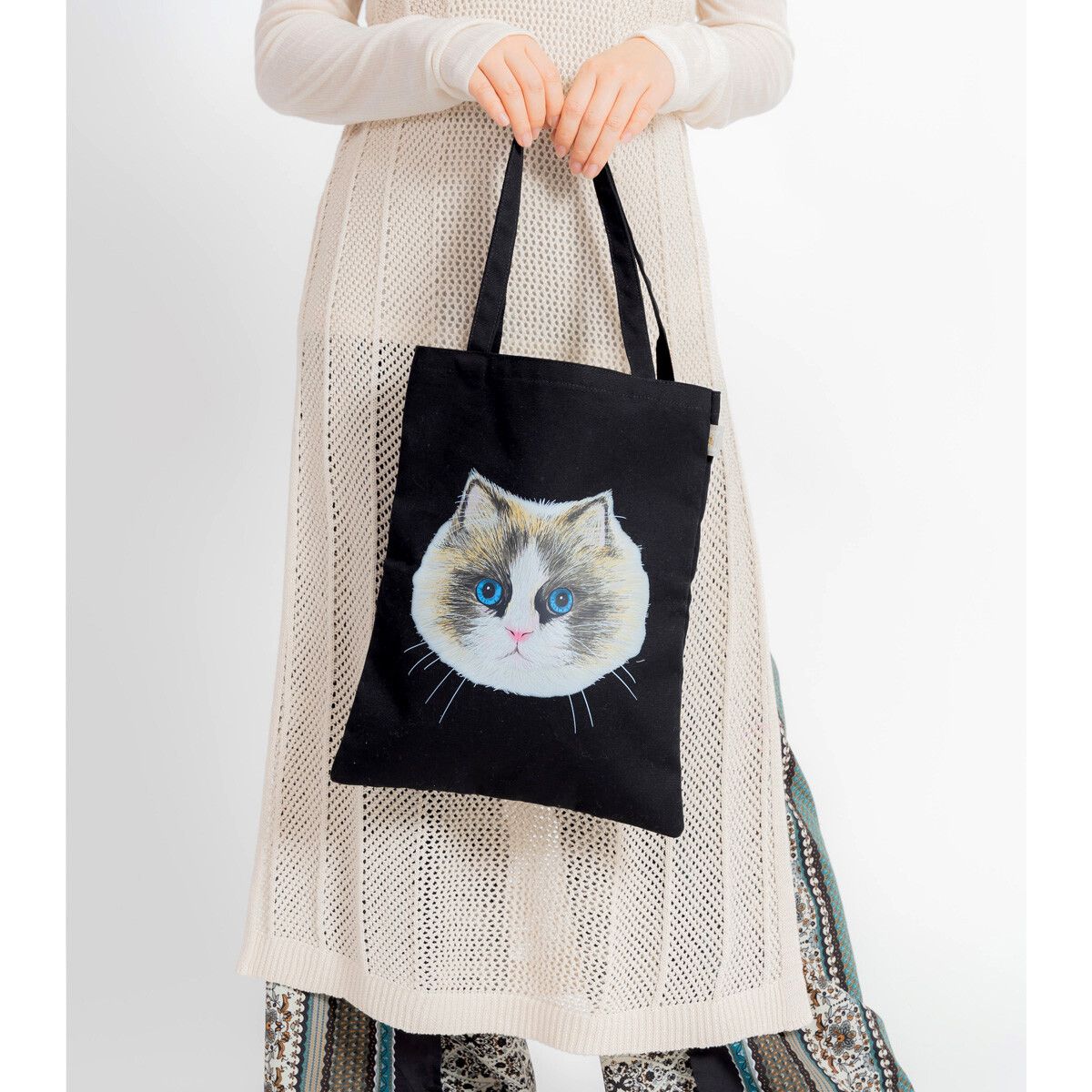 日本 Chepeli - 限量款 貓咪印花托特包/帆布包-曼赤肯貓-米杏 (38x30cm)