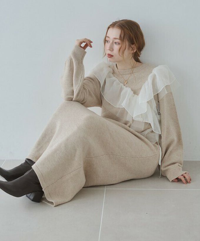 日本 Bab - 交叉薄紗荷葉柔美針織長袖洋裝-黑