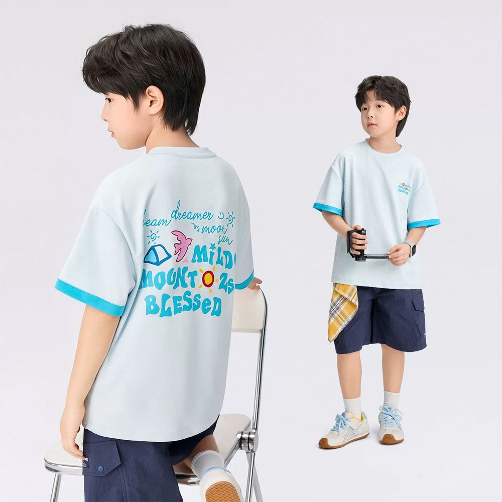 高透氧不易變形雙面紗短袖T-手繪塗鴉-冰藍