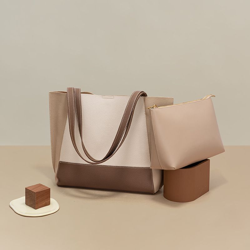 真皮簡約大容量拼色托特包-米白色 (40x10x29cm)