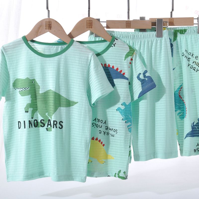 MAMDADKIDS - 竹節棉短袖套裝/家居服-調皮暴龍-綠色