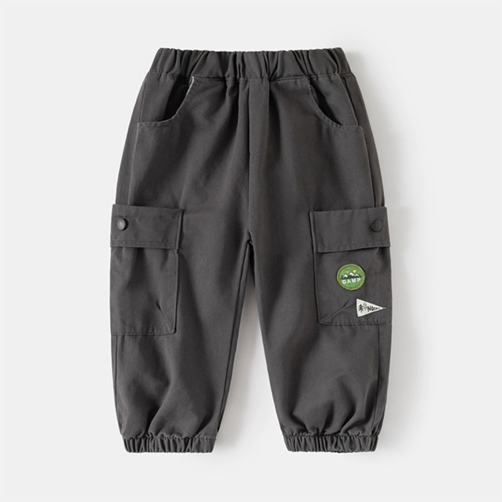 純棉腰鬆緊休閒長褲-徽章口袋-灰色