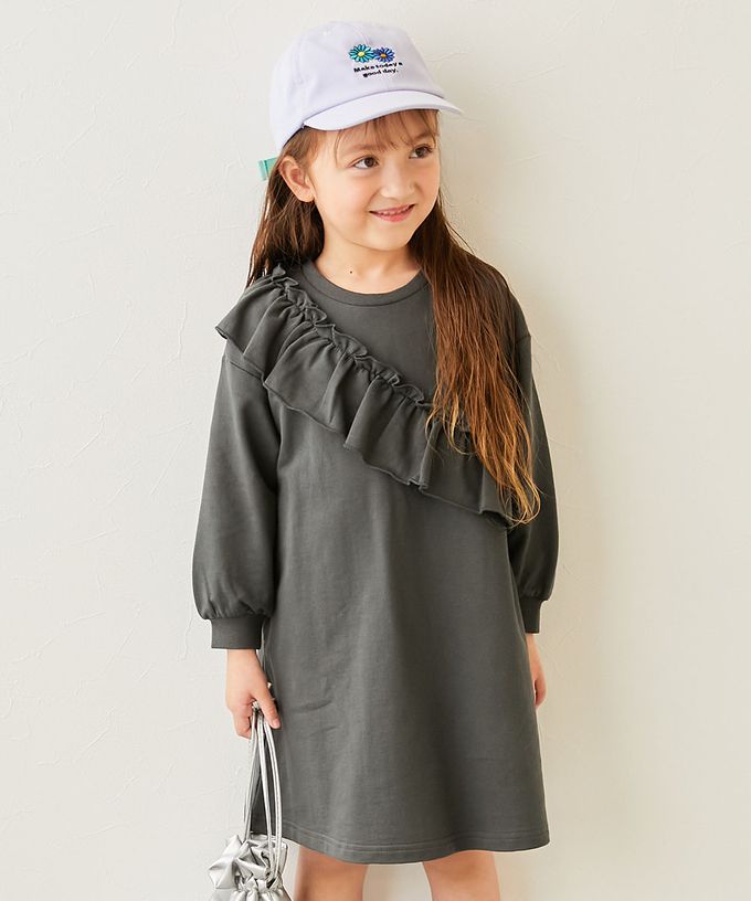 日本 devirock - 純棉甜美花邊縮口長袖洋裝-胸前荷葉-紫