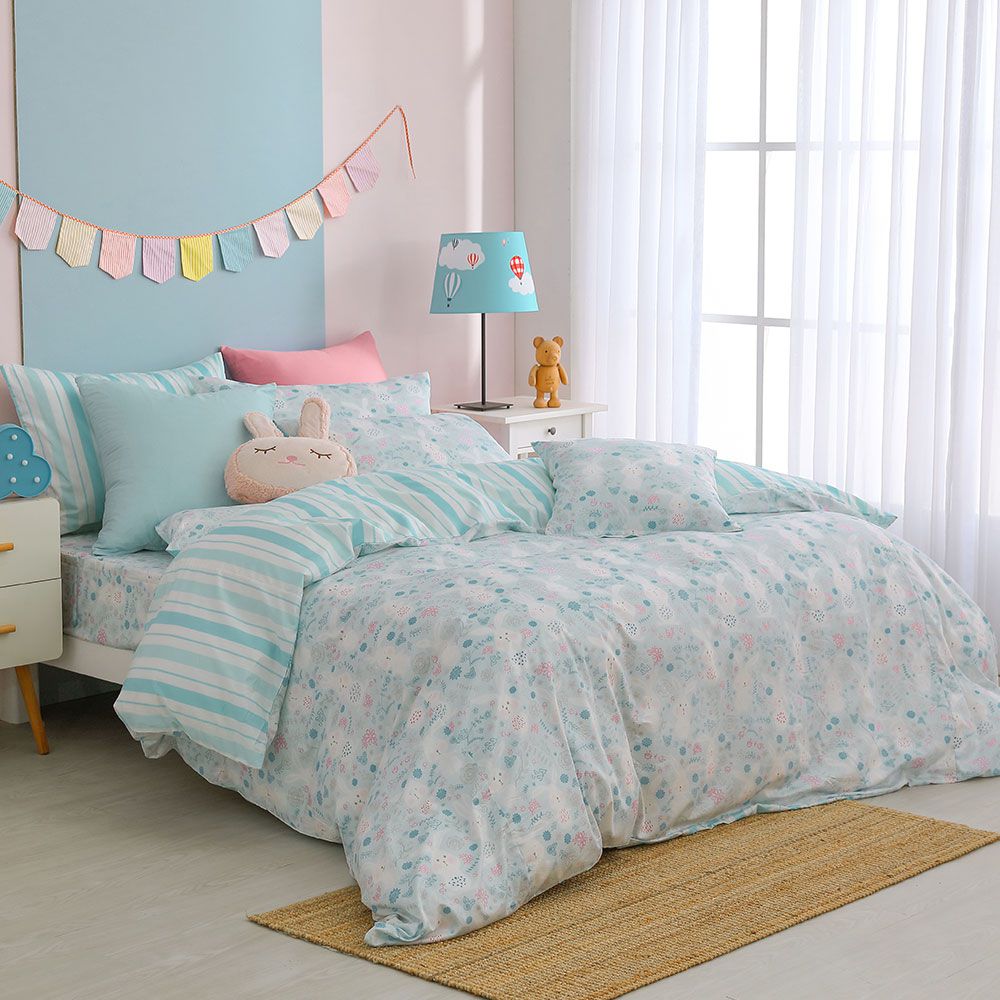 鴻宇 HongYew - 雙人床包兩用被套組 美國棉授權品牌 300織-眠眠兔-藍
