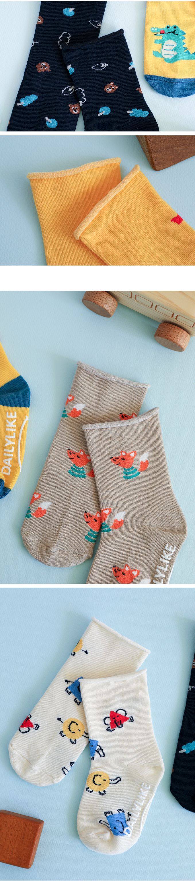 韓國 Daily Like - 兒童襪子/中筒襪4入組-捲邊款01