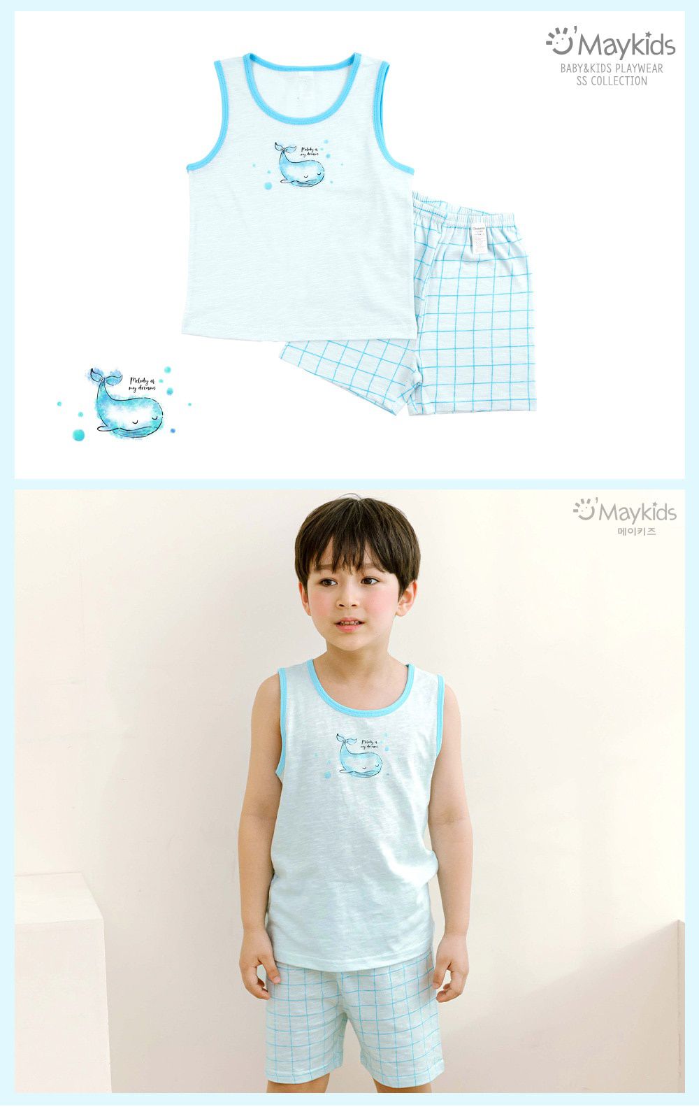 韓國 Maykids - 有機棉細柔無袖家居服-格子鯨魚