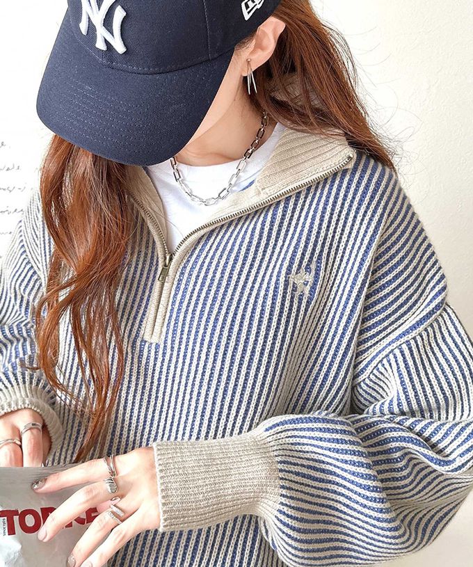 日本 Classical Elf - 半拉鍊線條感 logo刺繡配色針織衫-紅x藍