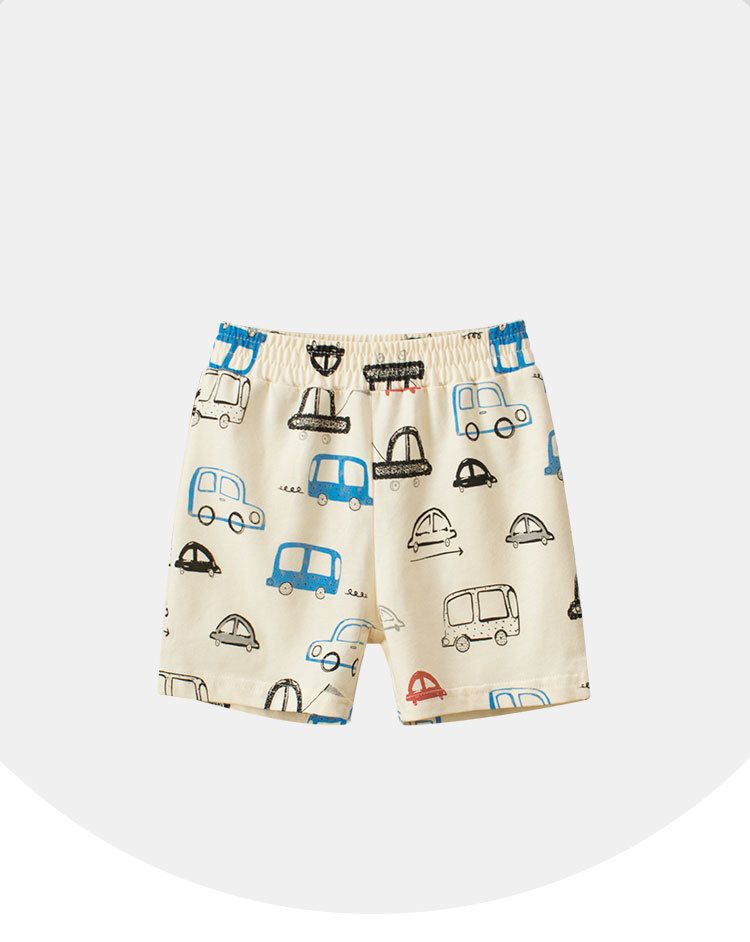 純棉腰鬆緊輕薄休閒短褲/家居褲-越野車車-米白色