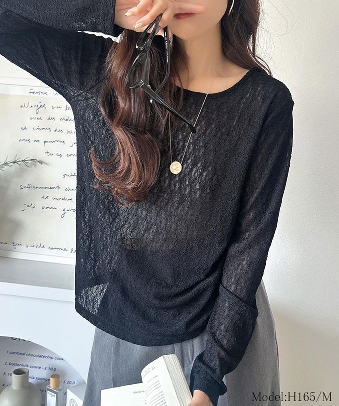 日本 Classical Elf - 網狀蕾絲透膚圓領長袖上衣-黑