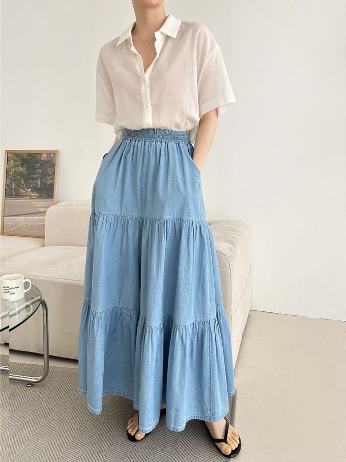 韓國女裝連線 - 鬆緊腰薄丹寧蛋糕長寬褲-中青 (FREE)