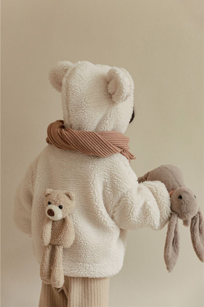 加厚連帽羊羔絨兒童造型外套-熊熊耳朵-米白色