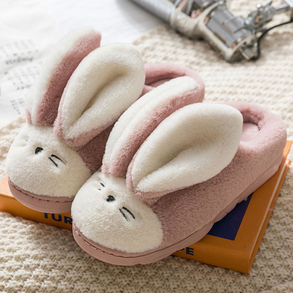 毛毛保暖室內拖鞋-大耳朵兔子-淡粉色