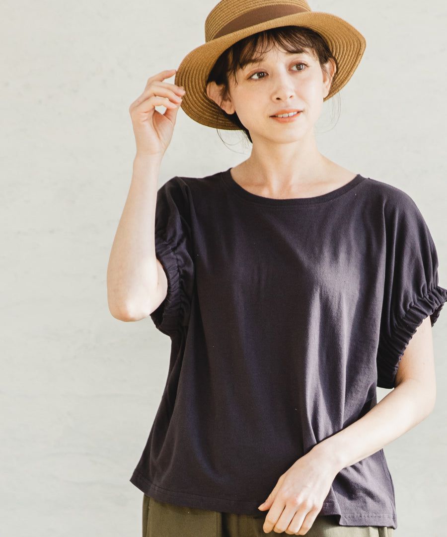 日本 PAIRMANON - 100%柔棉 鬆緊袖口短T(媽媽)-黑 (FREE)