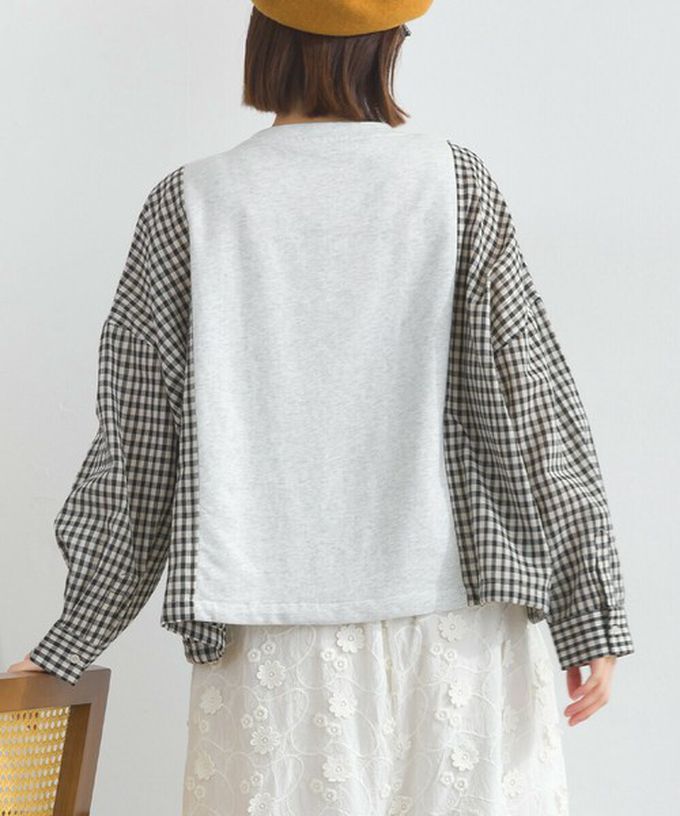 日本 Lupilien - 可愛格子拼接裏毛休閒襯衫-淺灰x紫