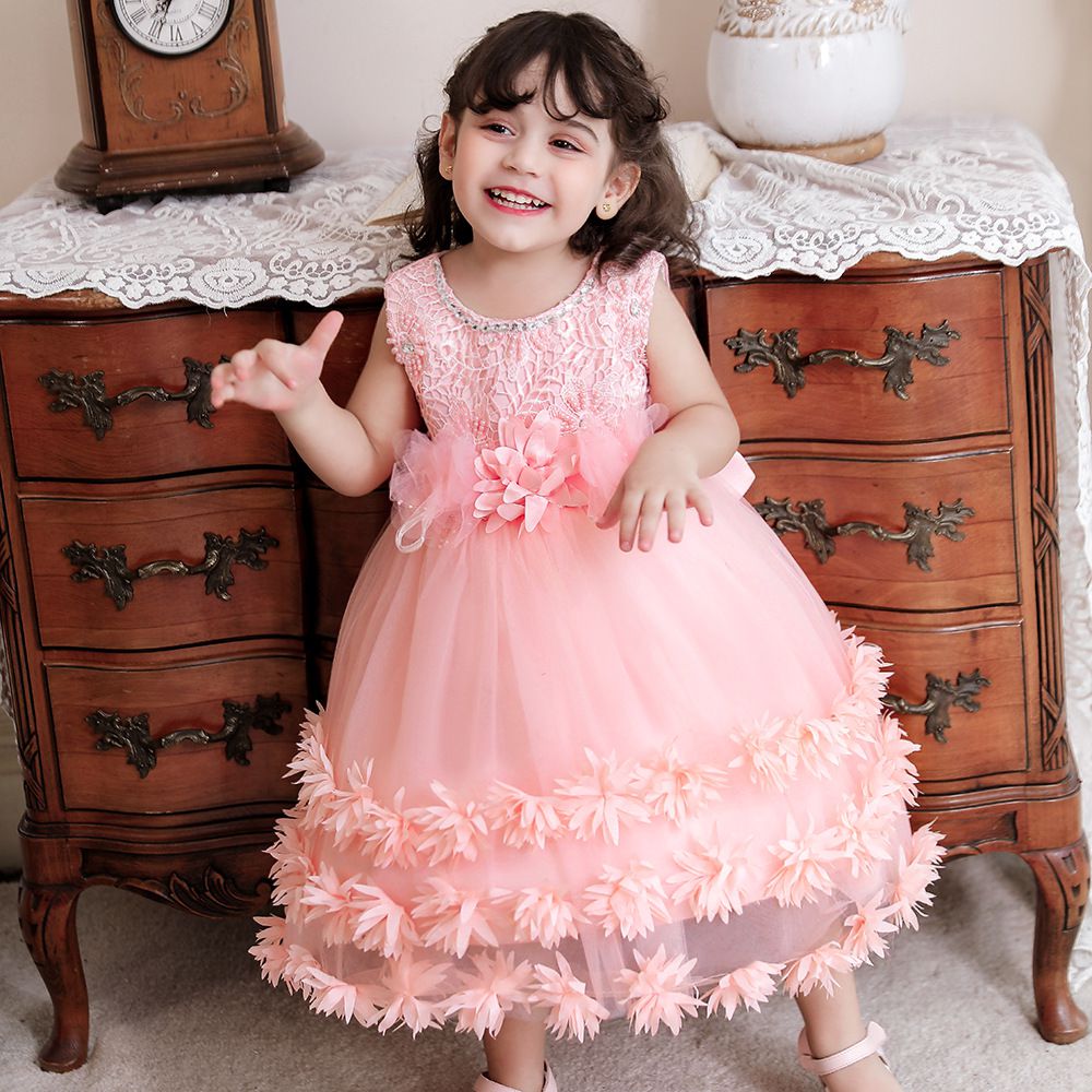 蕾絲網紗圓領無袖公主裙-立體花花-粉色