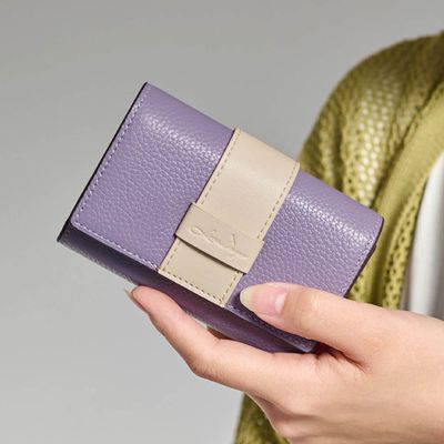 日本 LIZDAYS - 真皮迷你三折配色風琴短夾-紫x淺杏