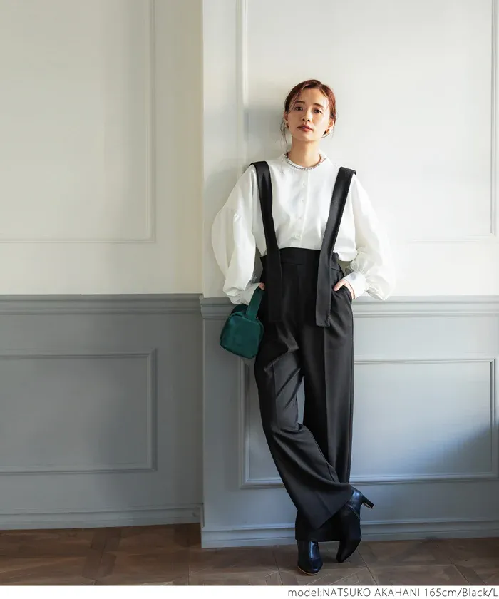 日本 COCA - 文藝復古彈性吊帶褲-大人-黑