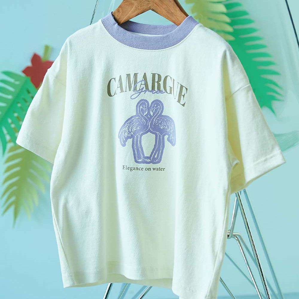 純棉動物線條印花短袖上衣-紅鸛-米白