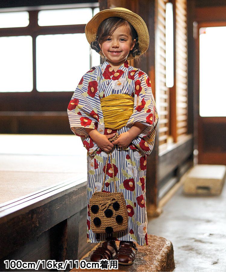 日本 apres les cours - 華麗腰帶風純棉二件式浴衣-椿花-紅藍條紋