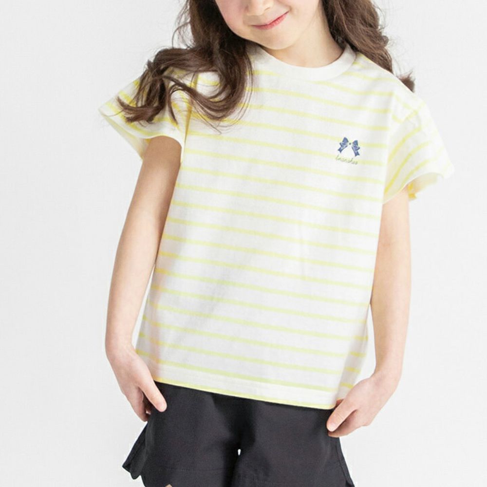 100%棉 荷葉短袖上衣-條紋-淺黃