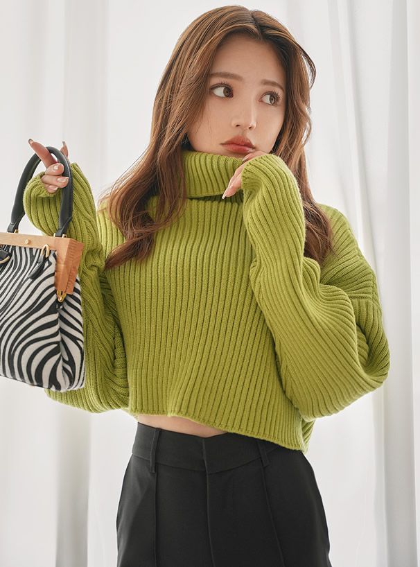 日本 GRL - 落肩高領羅紋針織上衣-暖陽橘 (F)