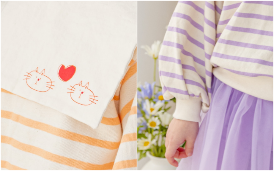 韓國 Orange Mom - 方領條紋貓咪上衣-紫