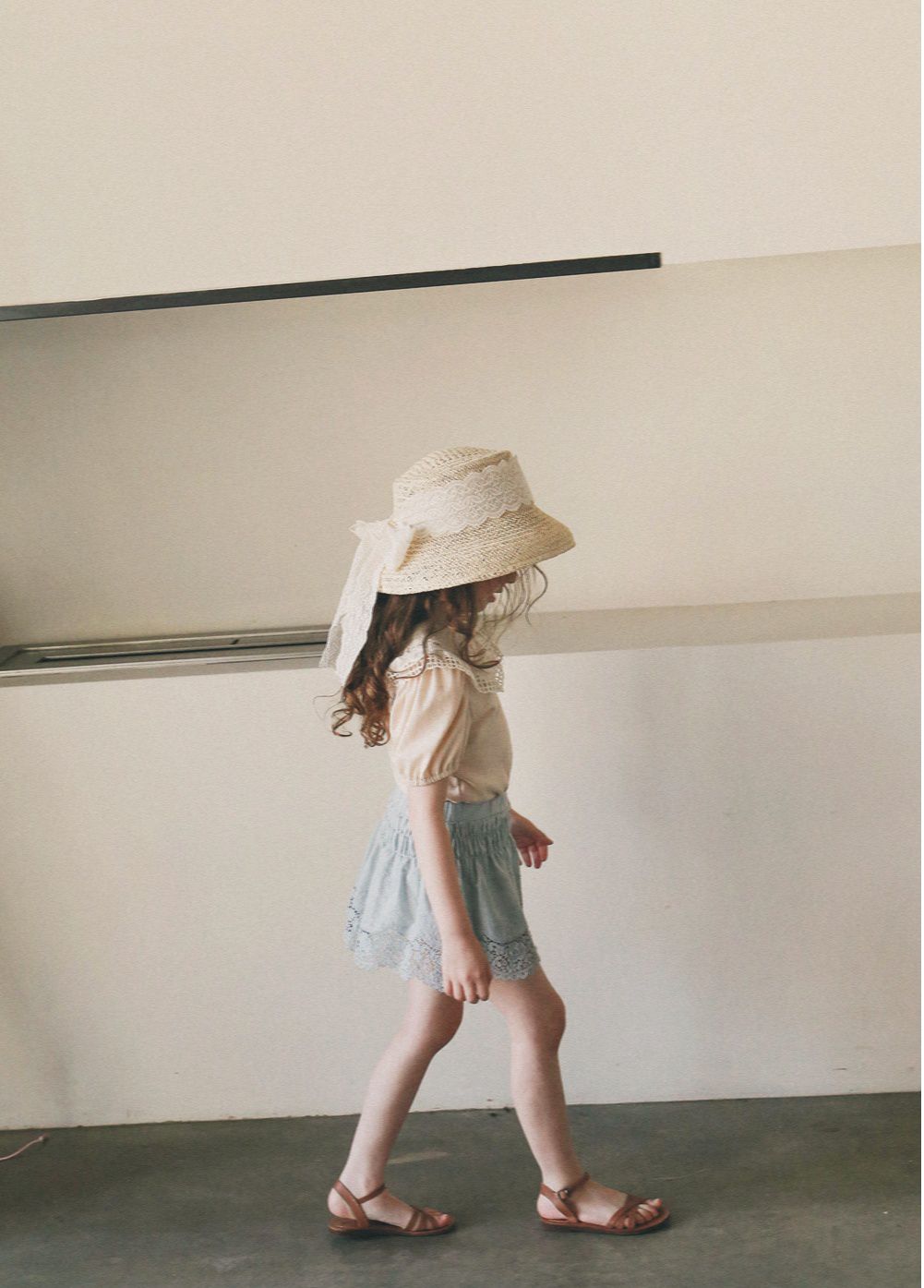 韓國 PuellaFLO - 鏤空格子大白領上衣-蜜桃粉