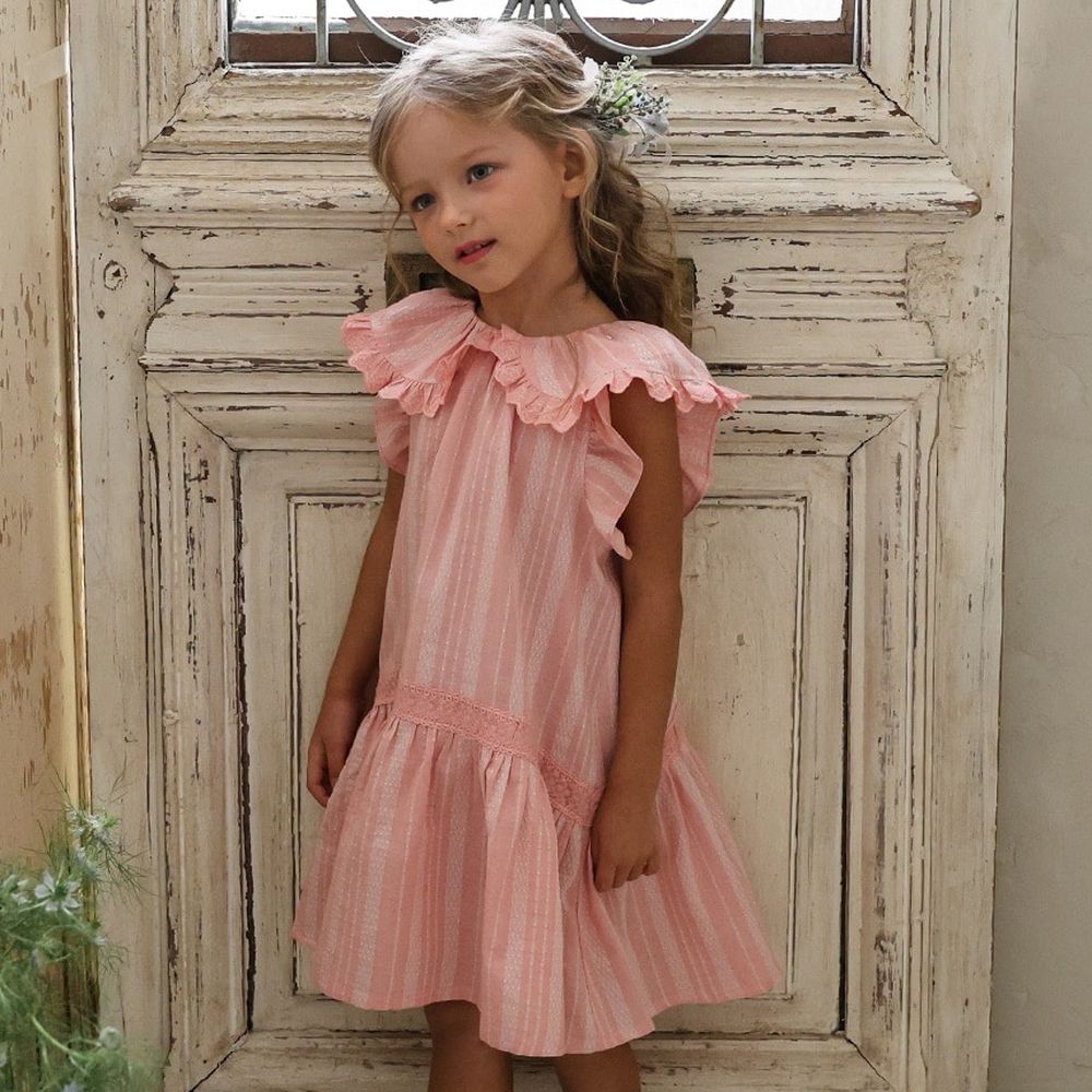 Puellaflo 夏日清新荷葉翻領拼接感洋裝-粉