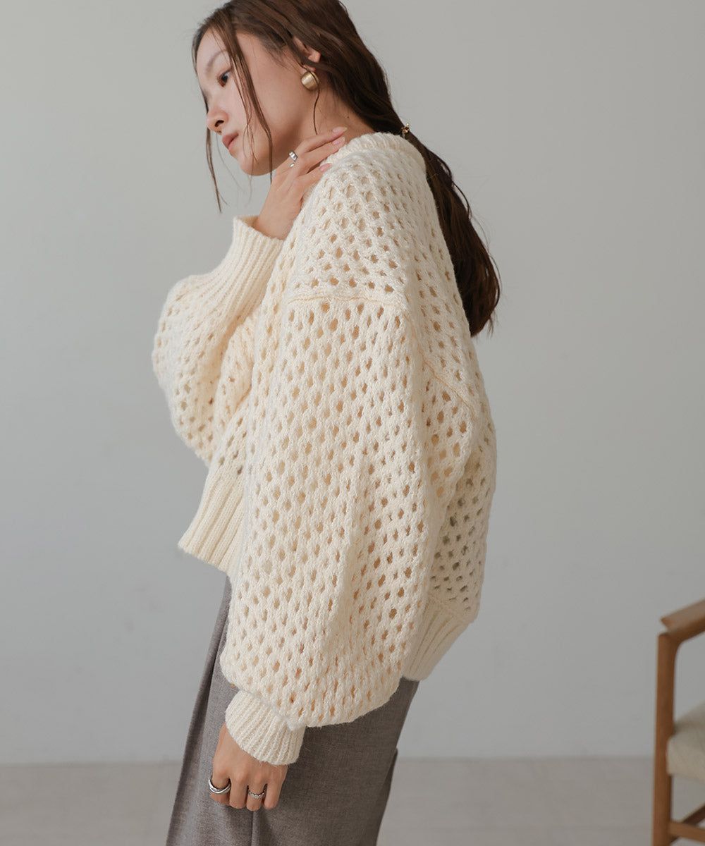 日本 Bab - 混羊毛設計感網格針織上衣-摩卡