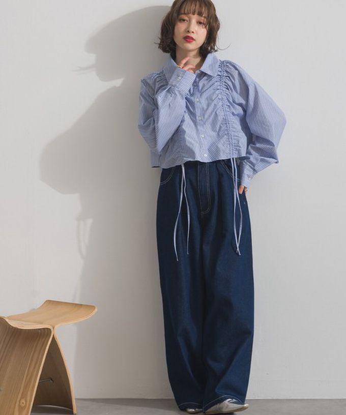 日本 ELENCARE DUE - 10oz 立體摺線後腰鬆緊牛仔褲-刷色藍