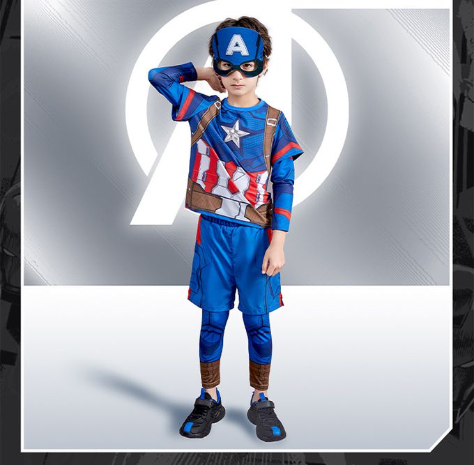 卡通造型假兩件運動套裝(送面具)-卡通人物美國隊長-藍色