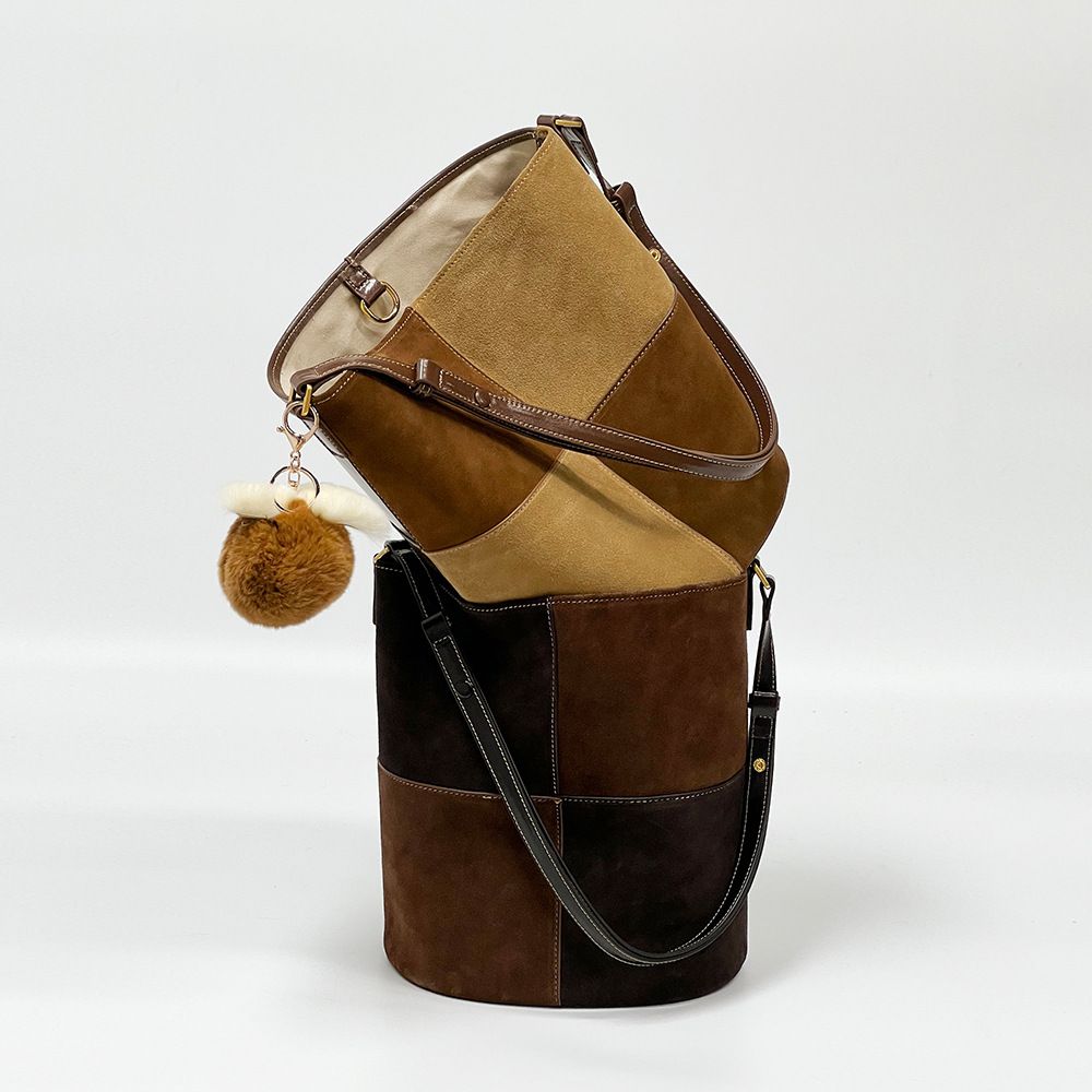 真皮拼接大容量水桶包-淺咖啡色 (27x17.5x22cm)