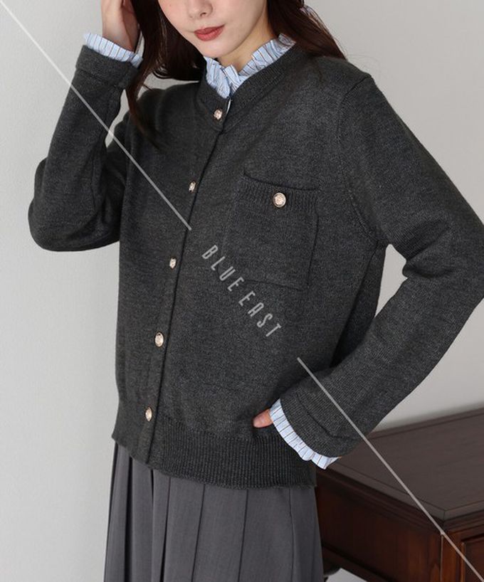 日本 BLUE EAST - 甜心假二件荷葉領金扣開襟衫-深咖啡 (M)