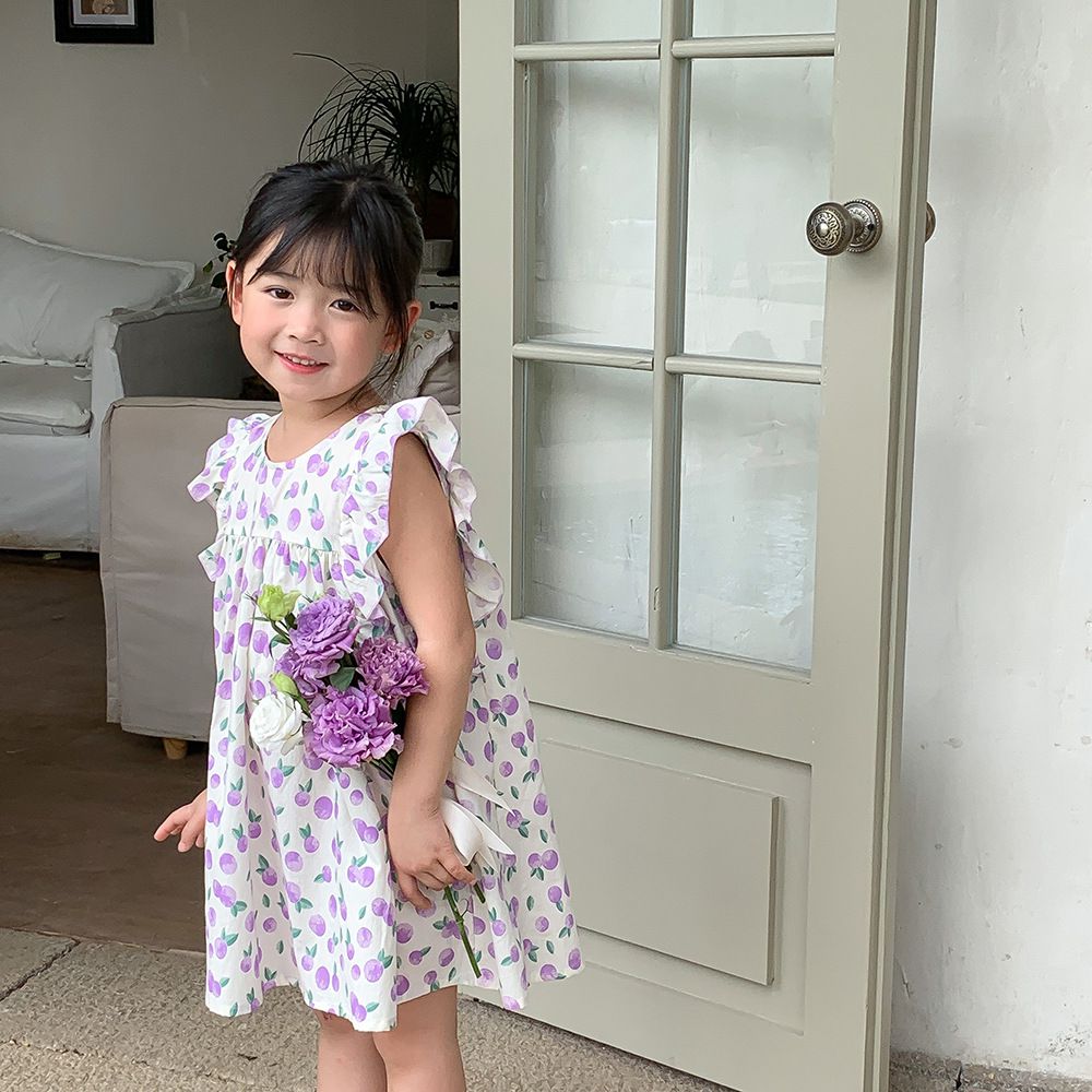 浪漫荷葉袖棉質連身洋裝-繽紛愛心-白色