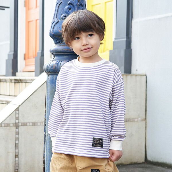 日本 b-ROOM - 100%棉 下擺品牌標籤條紋長袖上衣-黑