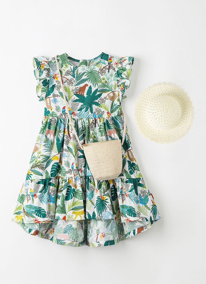 韓國 OZKIZ - (附包包帽子)熱帶棕櫚印飄逸荷葉袖洋裝-白X綠