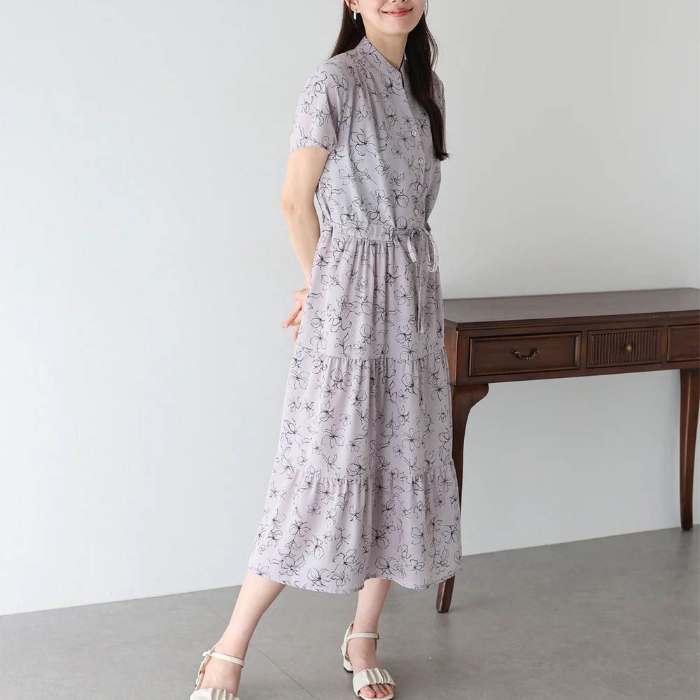 [推薦]接觸冷感 氣質排釦短袖洋裝-線條花朵-淺紫 (M)