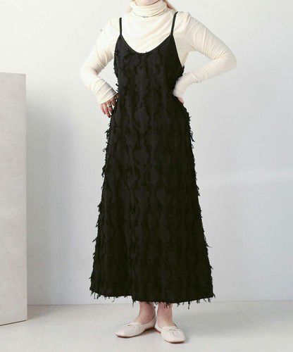 日本 Bou Jeloud - 破壞感抽鬚吊帶裙/洋裝-知性黑