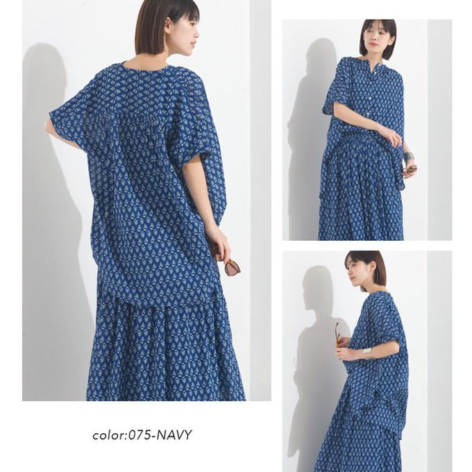 日本 OMNES - 100%印度棉 夏日印花休閒長版襯衫-象牙粉圖騰