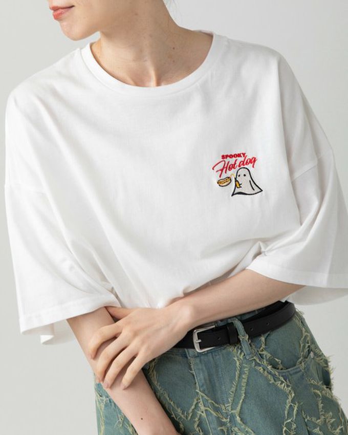 日本 gleam - 幽靈熱狗美式印花寬大風短袖T恤-燕麥灰