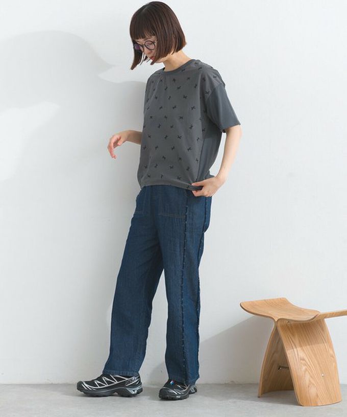 日本 Lupilien - 唯美刺繡舒適棉短袖上衣-蝴蝶結-深灰