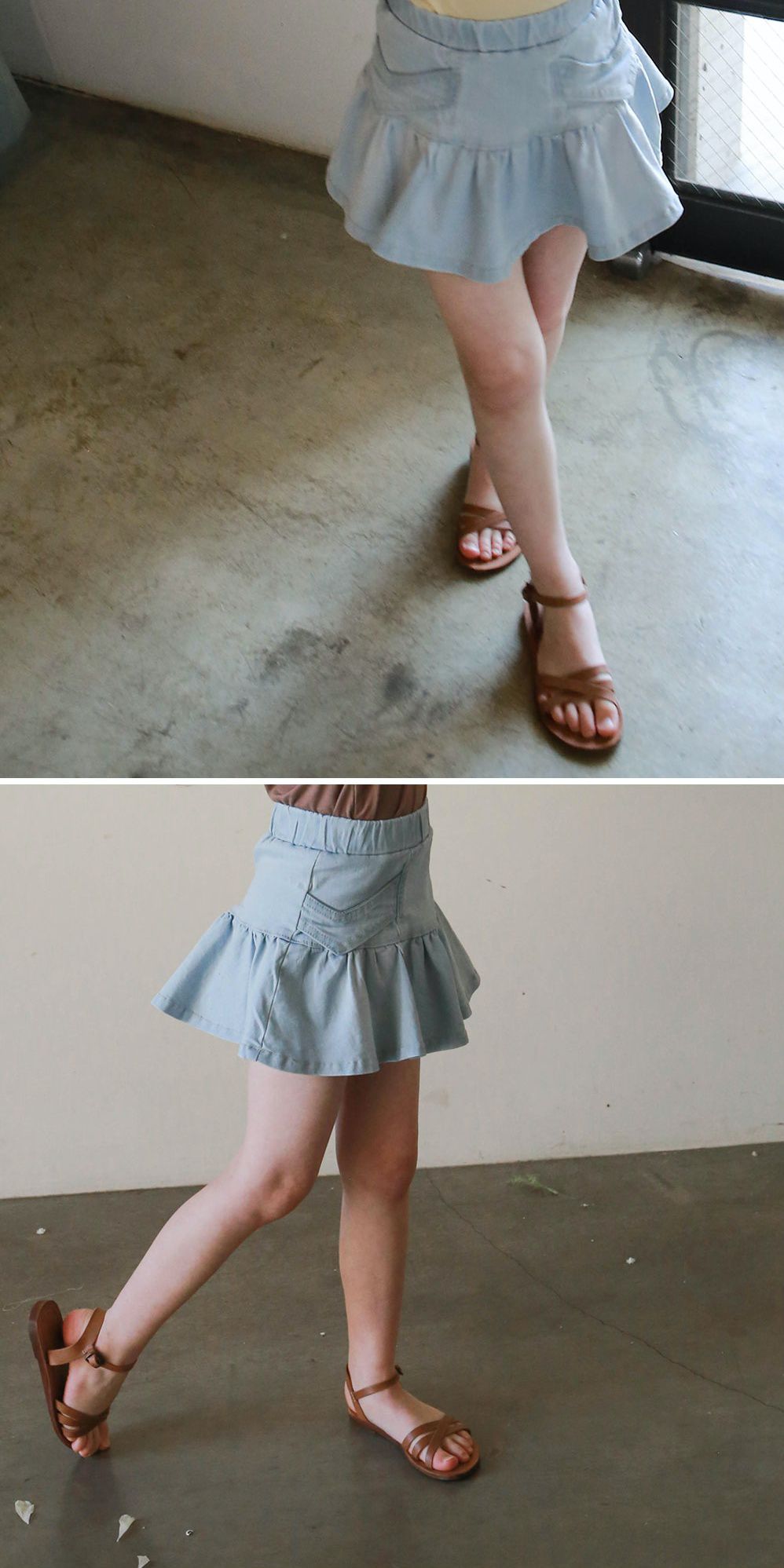 韓國 PuellaFLO - 荷葉裙襬牛仔褲裙-淺藍